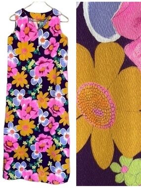 Vintage Handmade Floral Maxi Dress Purple Pink 70s Style Sleeveless